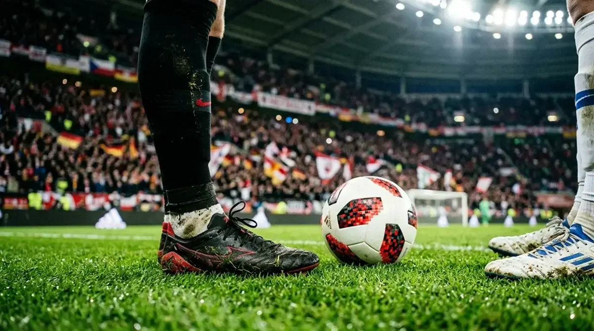 Närbild på fotbollsskor och boll på gräsplanen inför avspark i semifinalen
