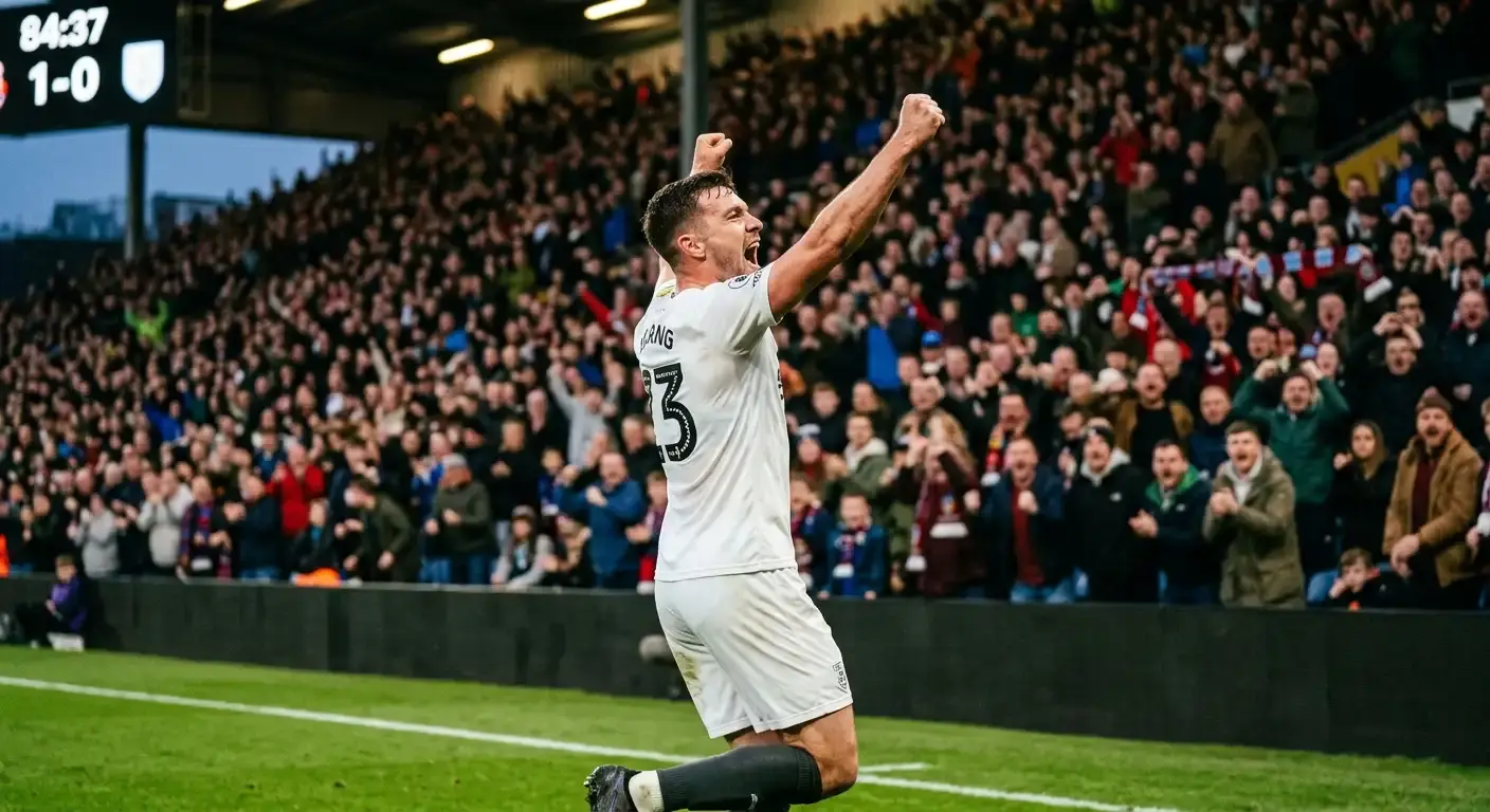 Fotbollsspelare firar ett mål framför en jublande läktare i en kvällsmatch