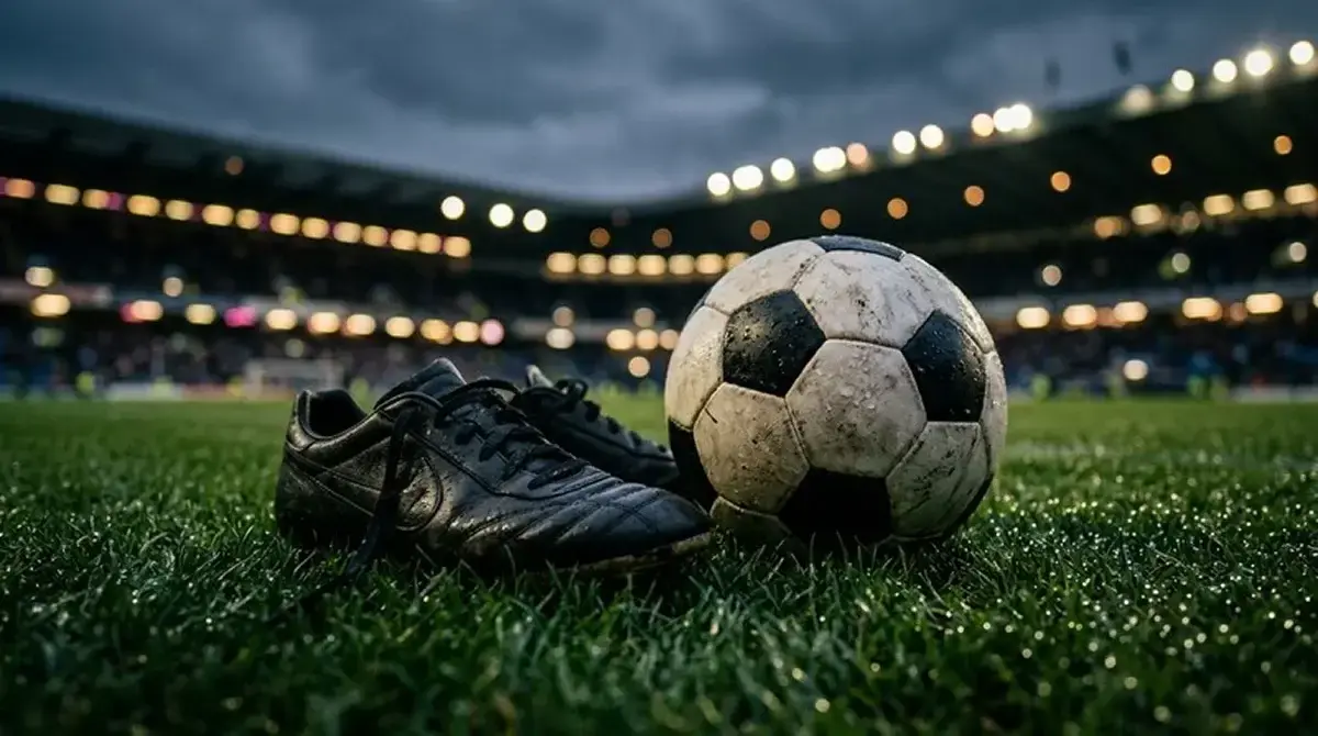 Närbild på fotbollsskor och boll på gräsplanen inför avspark