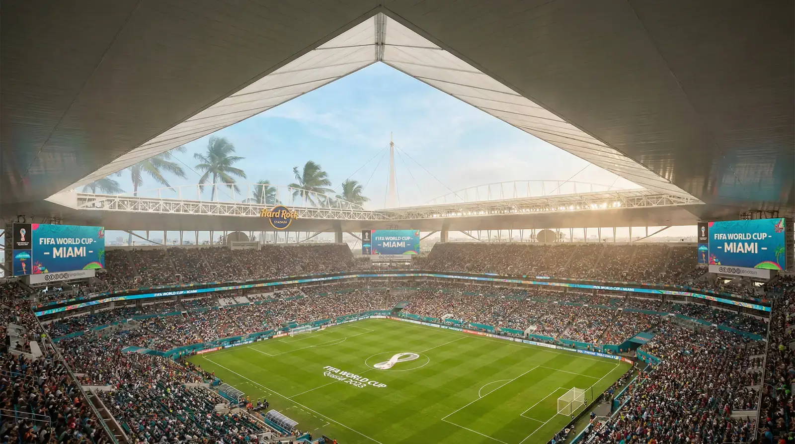 Hard Rock Stadium i Miami med sin unika takstruktur och tropiska omgivning under VM 2026