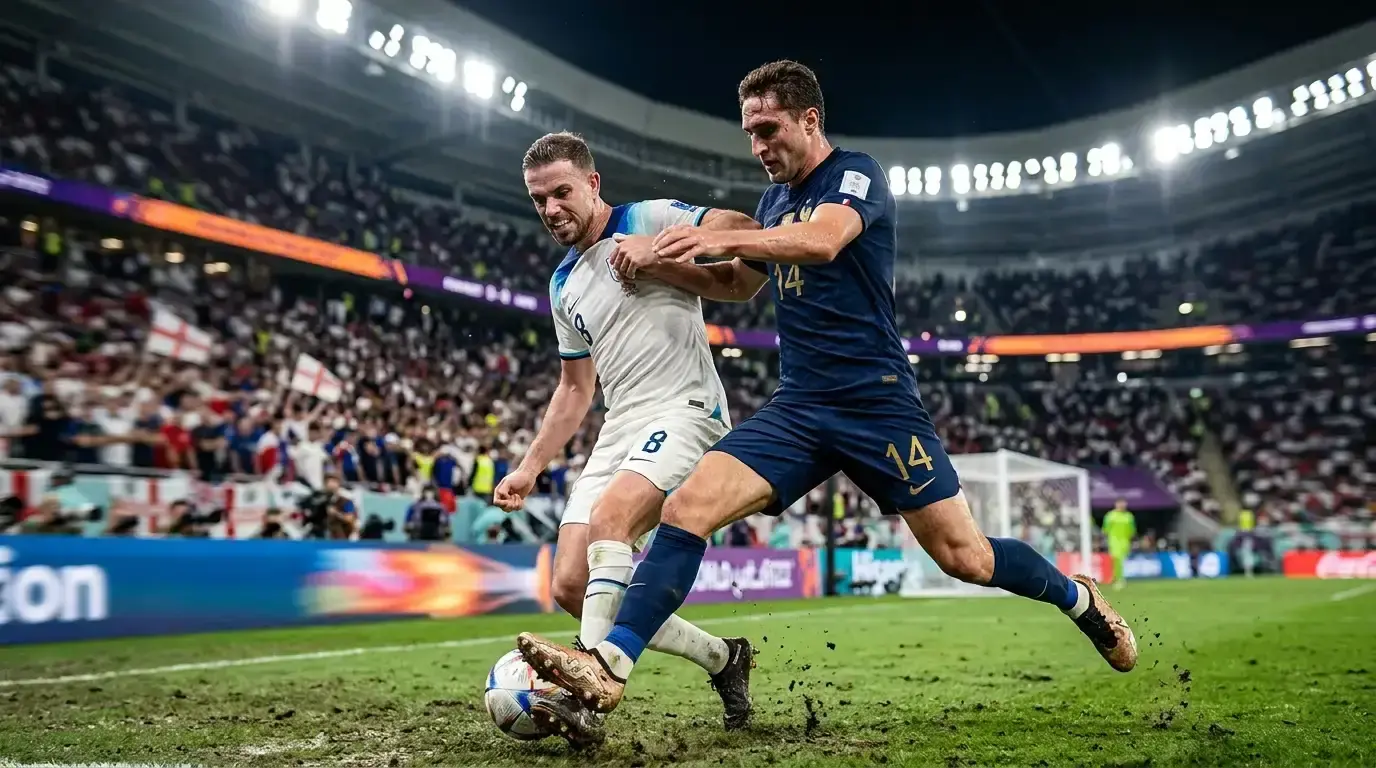 Fotbollsspelare kämpar om bollen i en intensiv VM-kvartsfinal under strålkastarljus