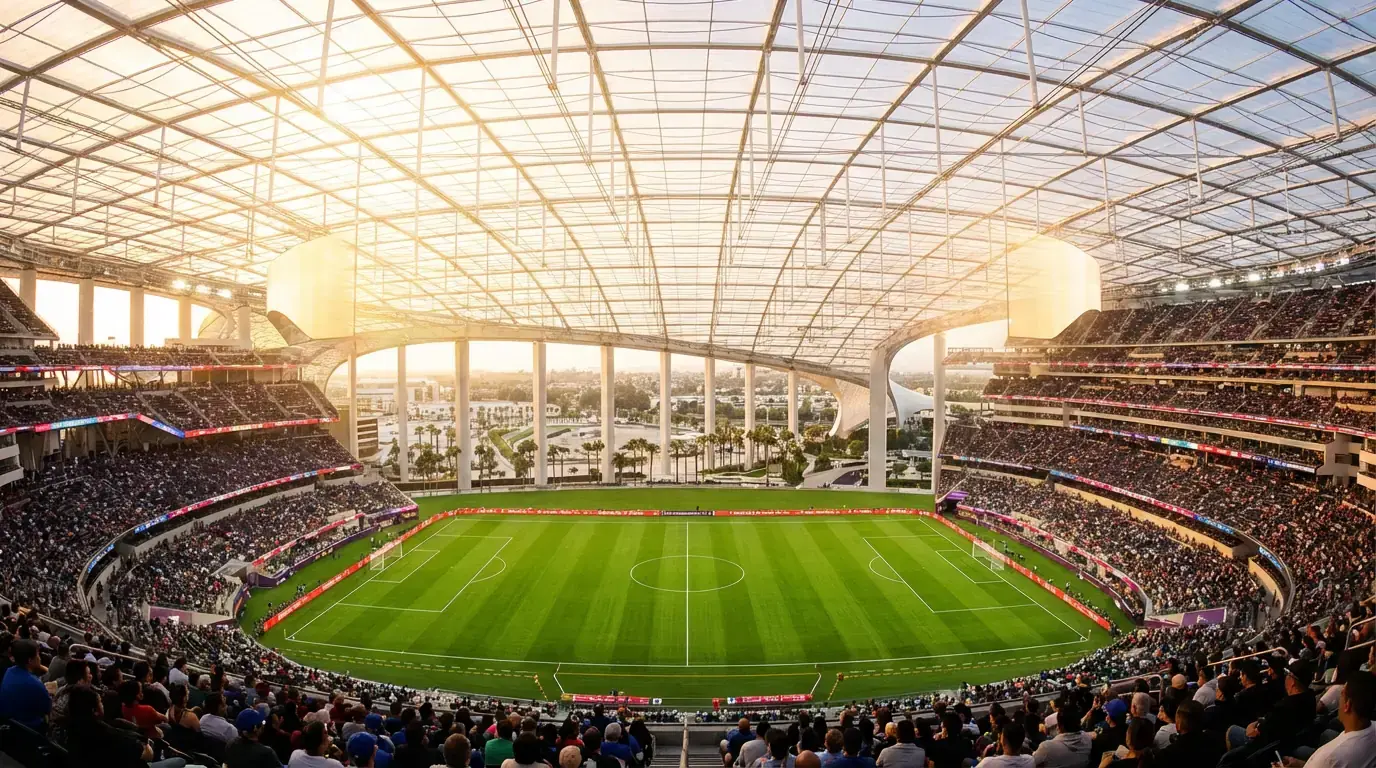 SoFi Stadium i Los Angeles med sitt unika takdesign och öppna sidor under VM 2026