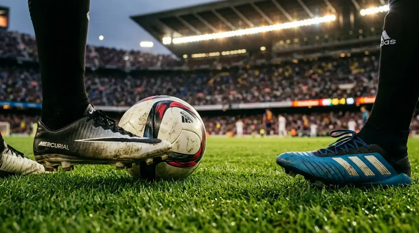 Närbild på fotbollsskor och boll på gräsplanen inför avspark i kvartsfinalen