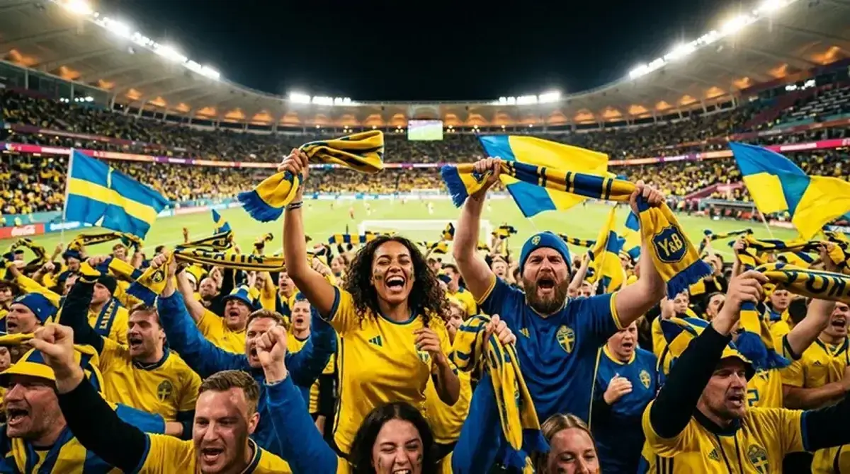 Svenska supportrar i gult och blått hejar på sitt landslag i en VM-arena