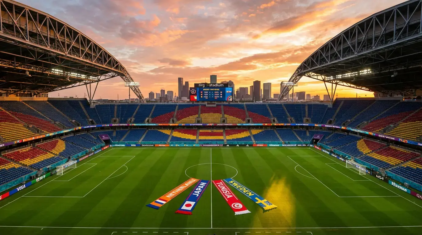 VM 2026 Grupp F med Sveriges flagga mot bakgrund av NRG Stadium i Houston