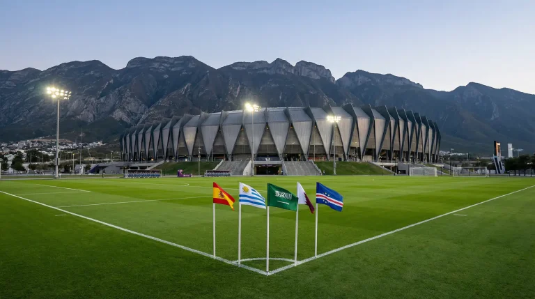 VM 2026 Grupp H med Spaniens och Uruguays flaggor på fotbollsplansbakgrund