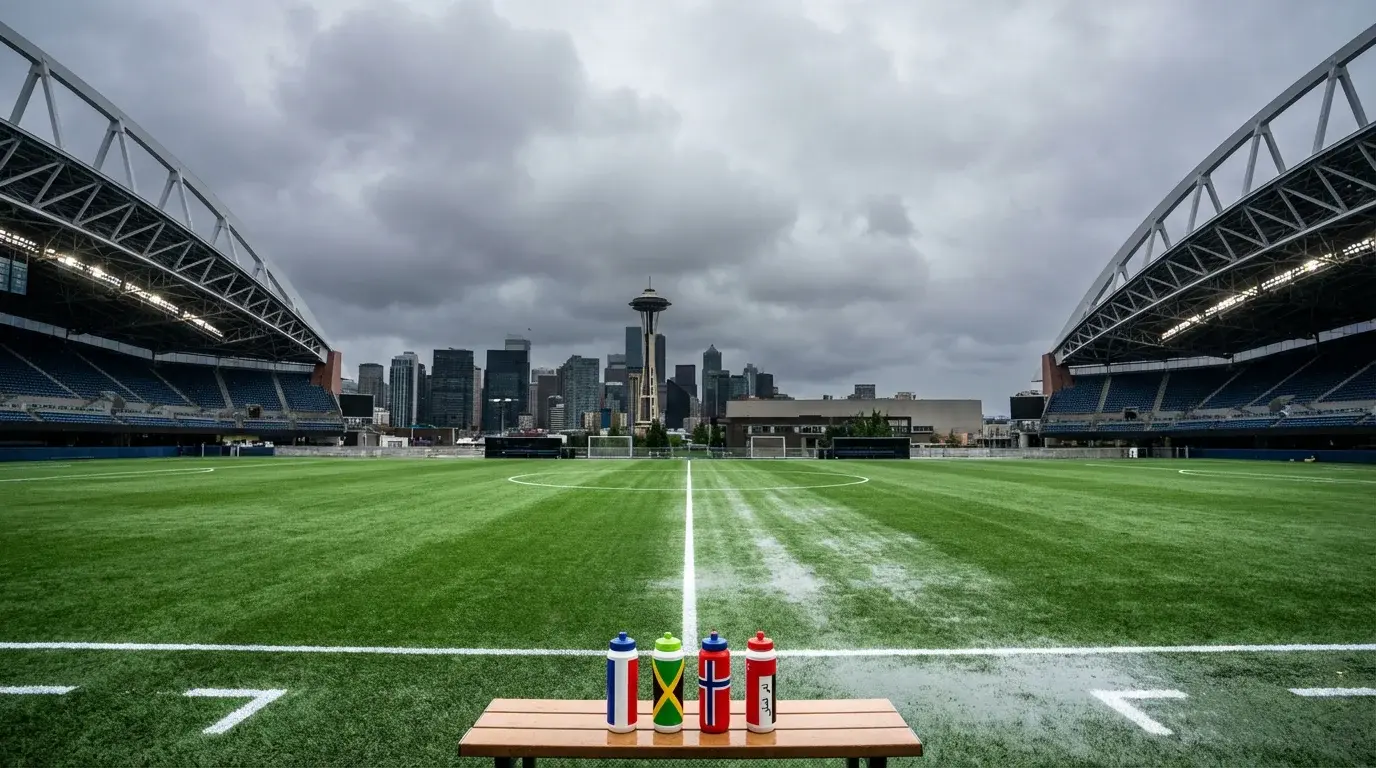 VM 2026 Grupp I med Frankrikes och Norges flaggor mot stjärnklar bakgrund