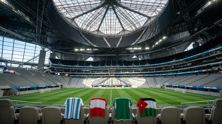 VM 2026 Grupp J med Argentinas flagga och VM-trofésilhuett