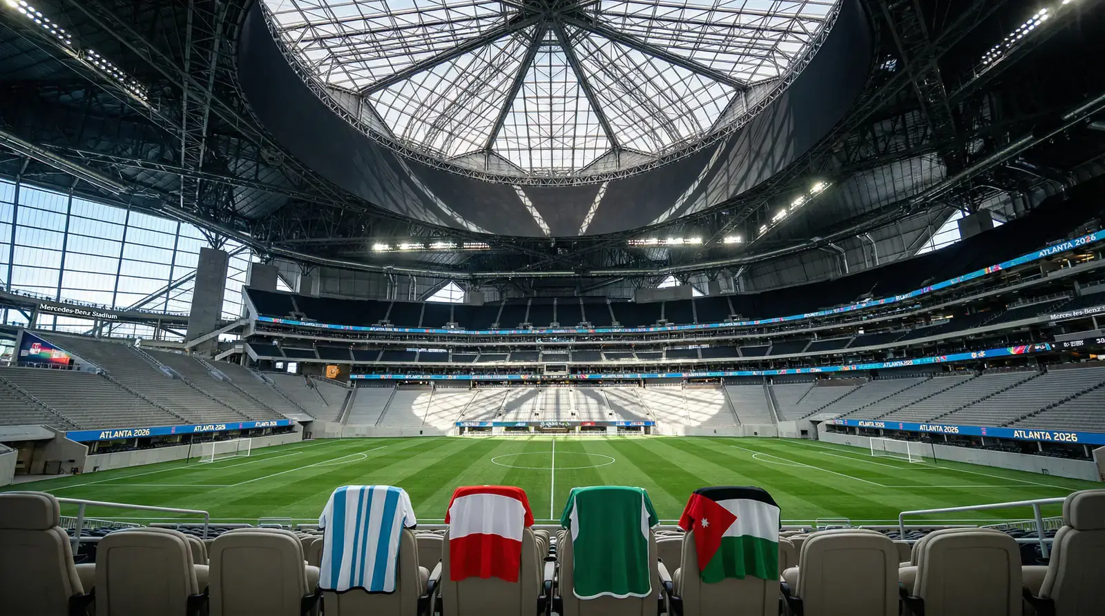 VM 2026 Grupp J med Argentinas flagga och VM-trofésilhuett