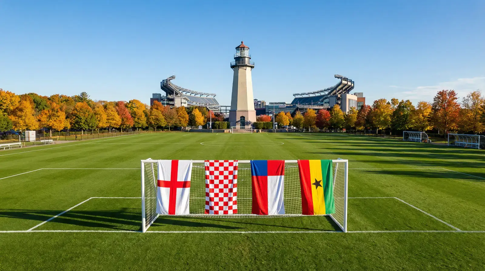 VM 2026 Grupp L med Englands och Kroatiens flaggor på fotbollsplansbakgrund