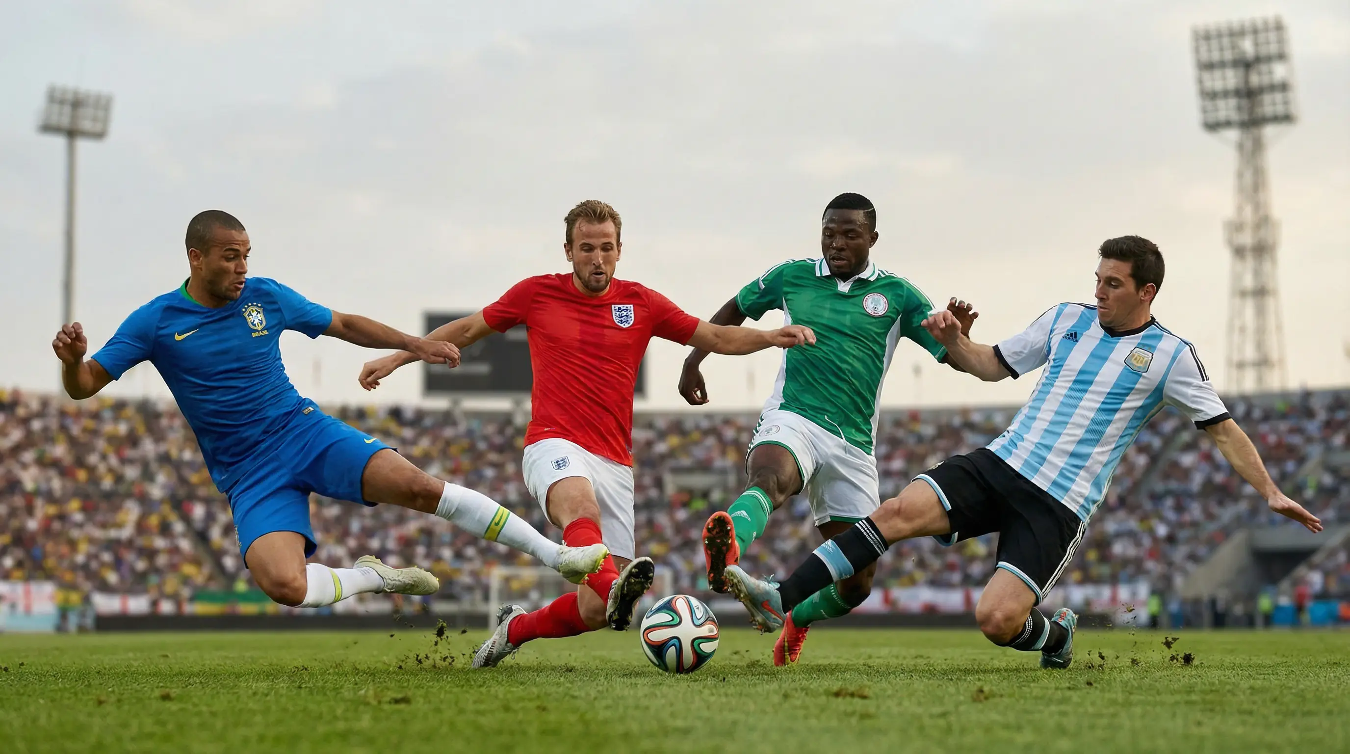 Fotbollsspelare från olika landslag i en intensiv gruppmatch