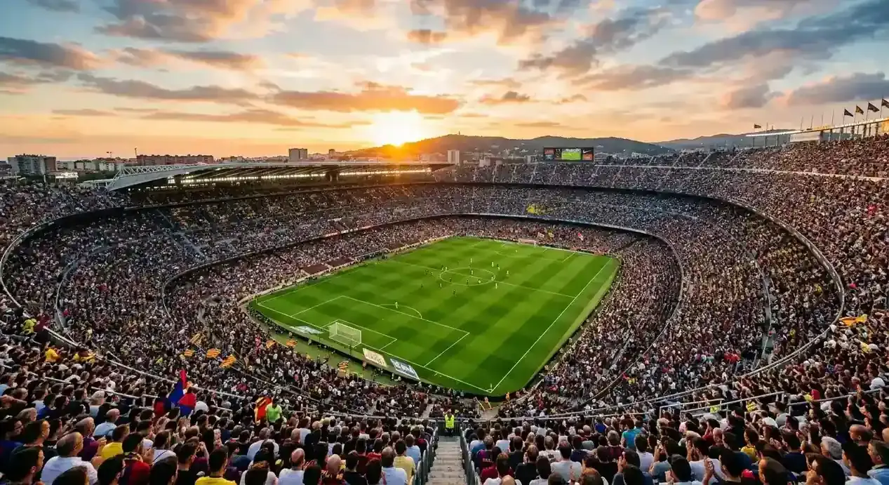 Fullsatt fotbollsarena i solnedgång under en avgörande VM-match