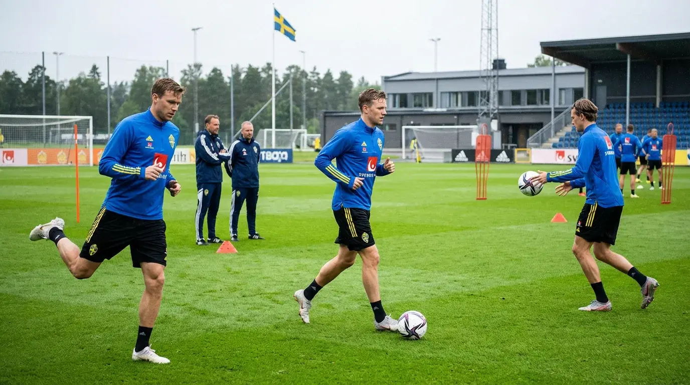 Svenska landslagsspelare i blågula tröjor på träning inför VM