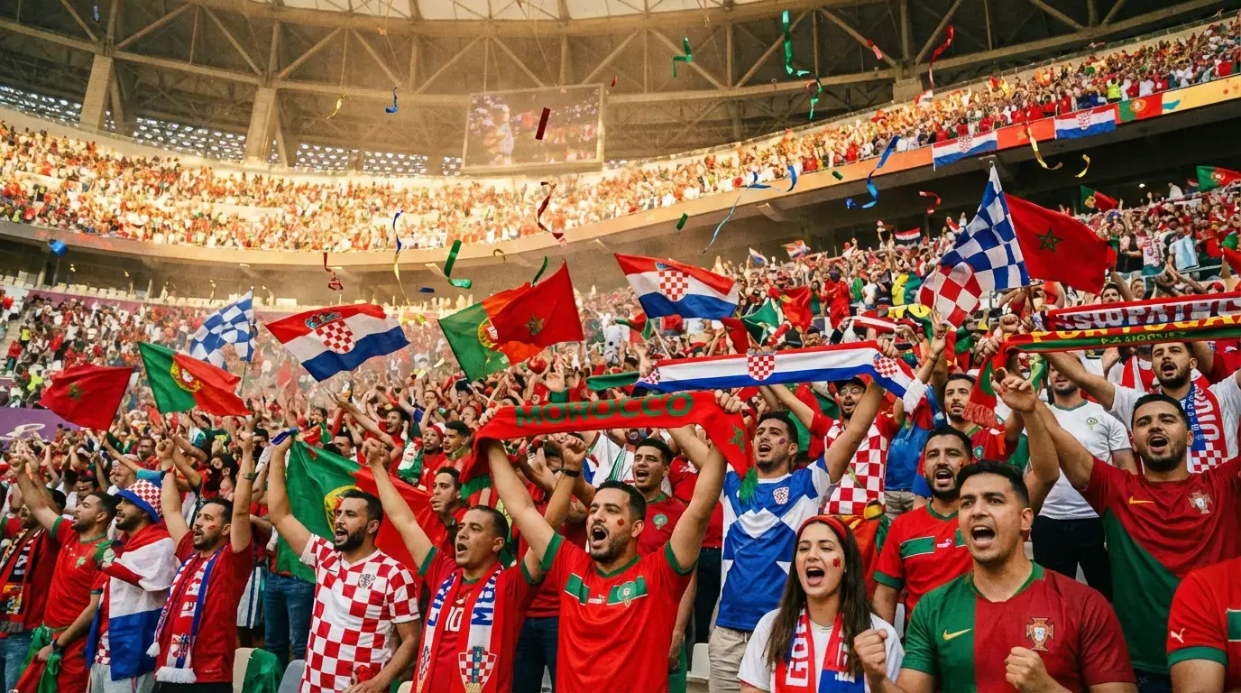 Supportrar i nationella färger jublar på en fullsatt läktare under VM